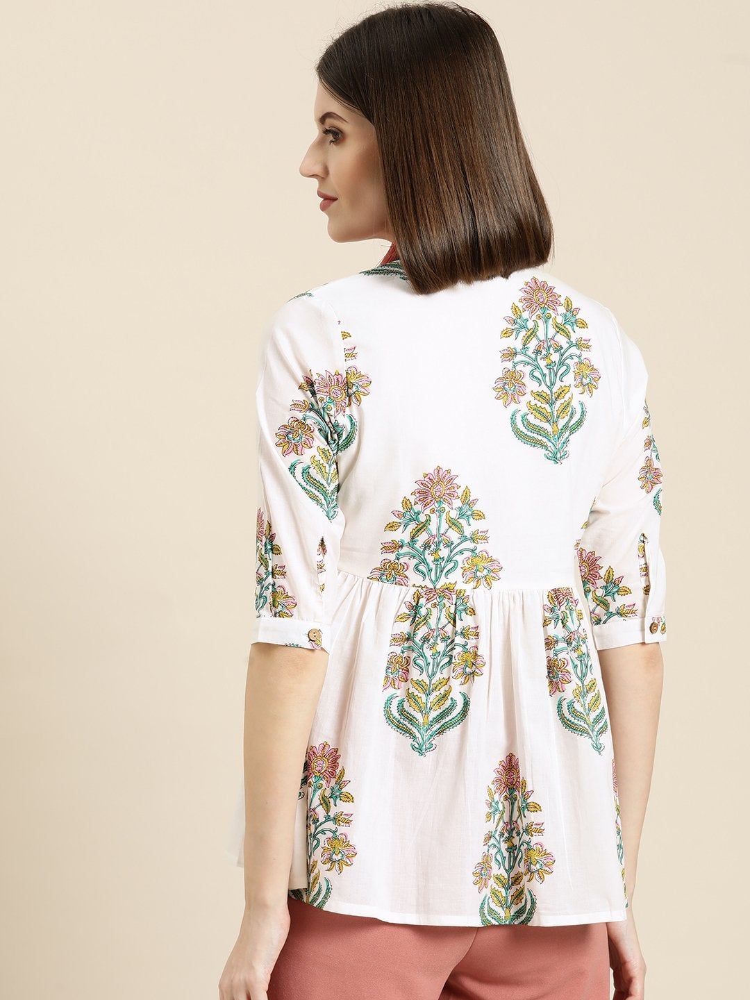 Women's White Floral Front Button Gathered Top - SASSAFRAS