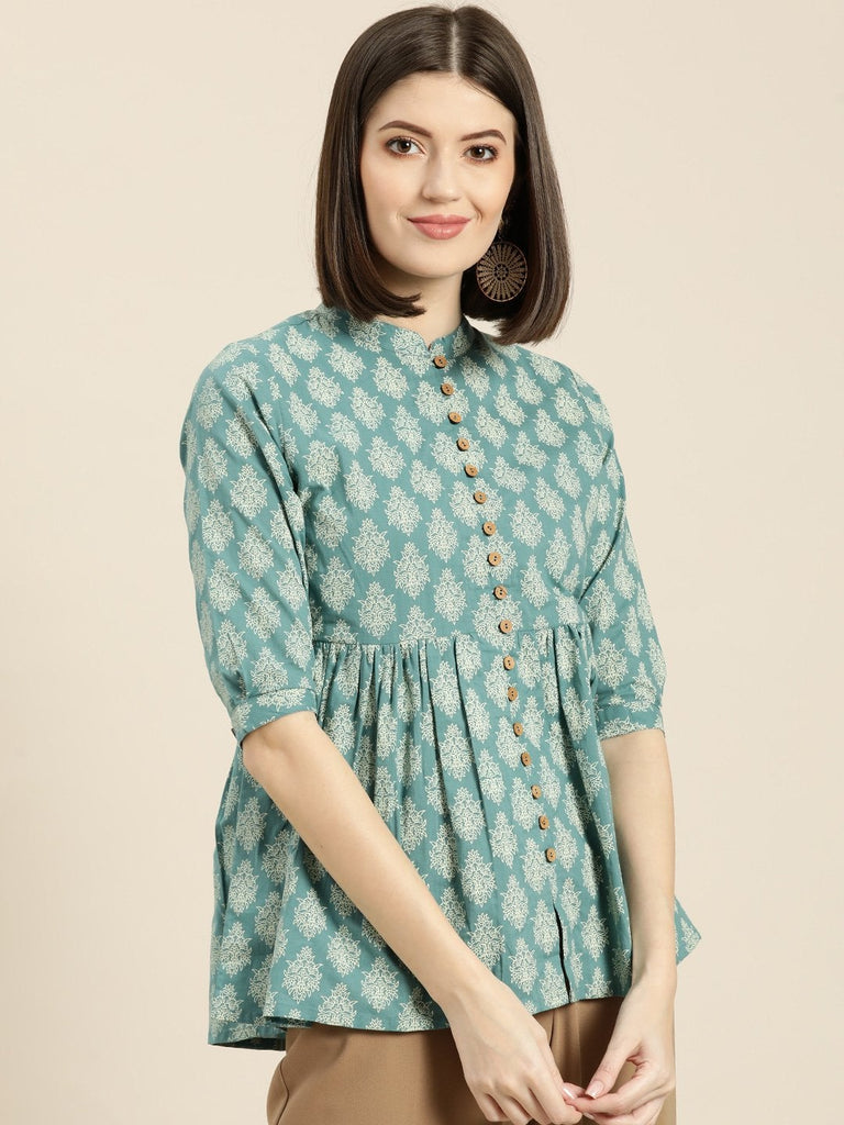 Women's Teal Printed Front Button Gathered Top
