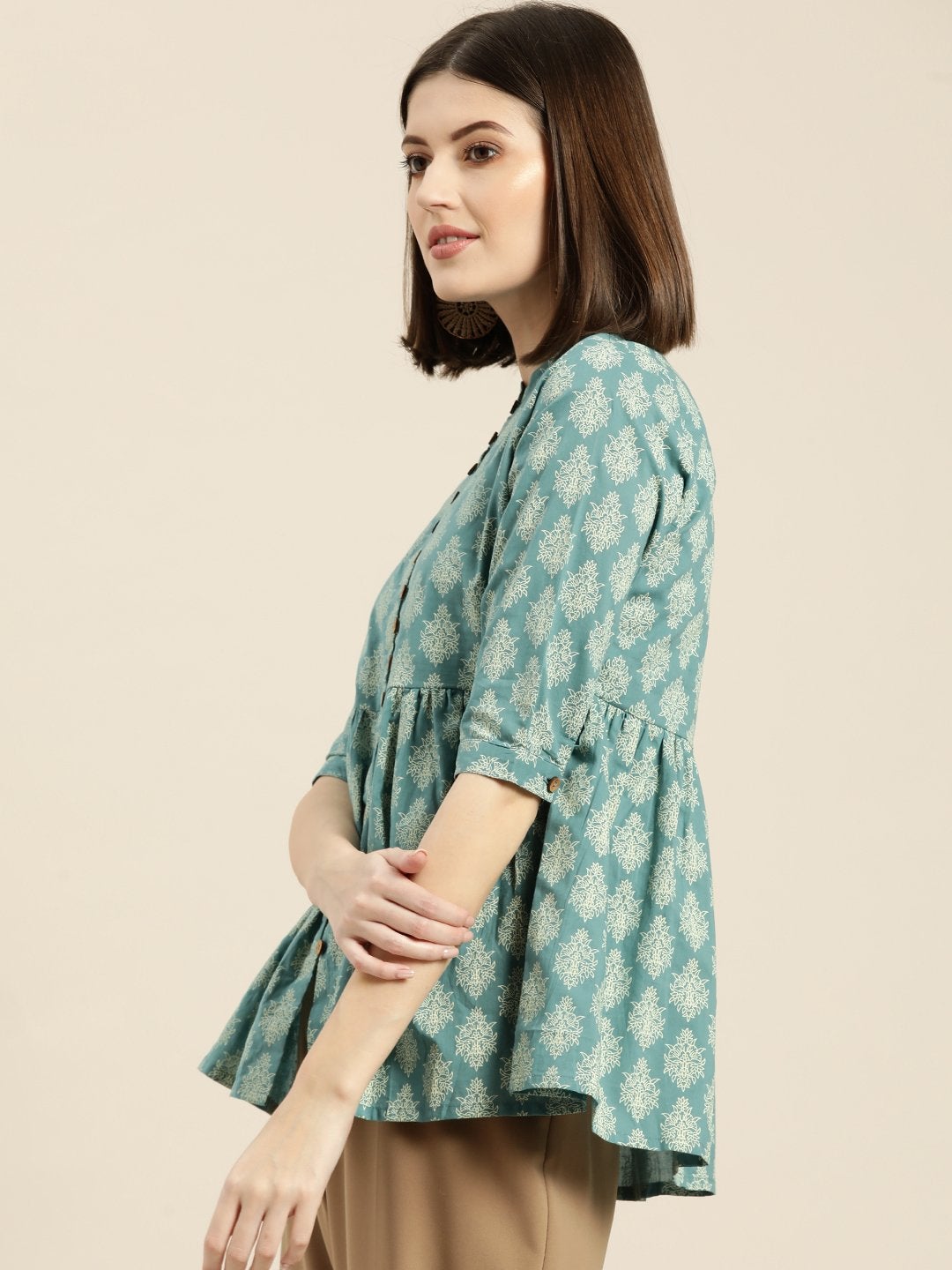 Women's Teal Printed Front Button Gathered Top - SASSAFRAS