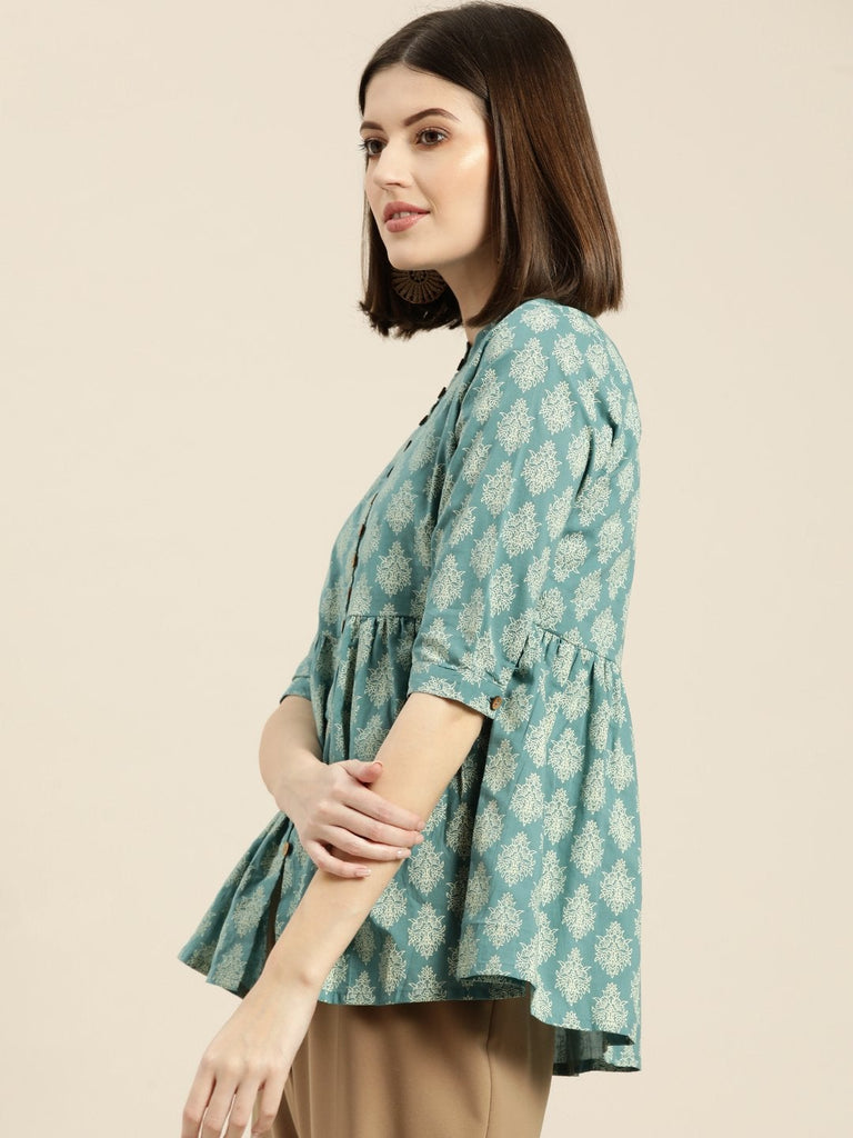 Women's Teal Printed Front Button Gathered Top