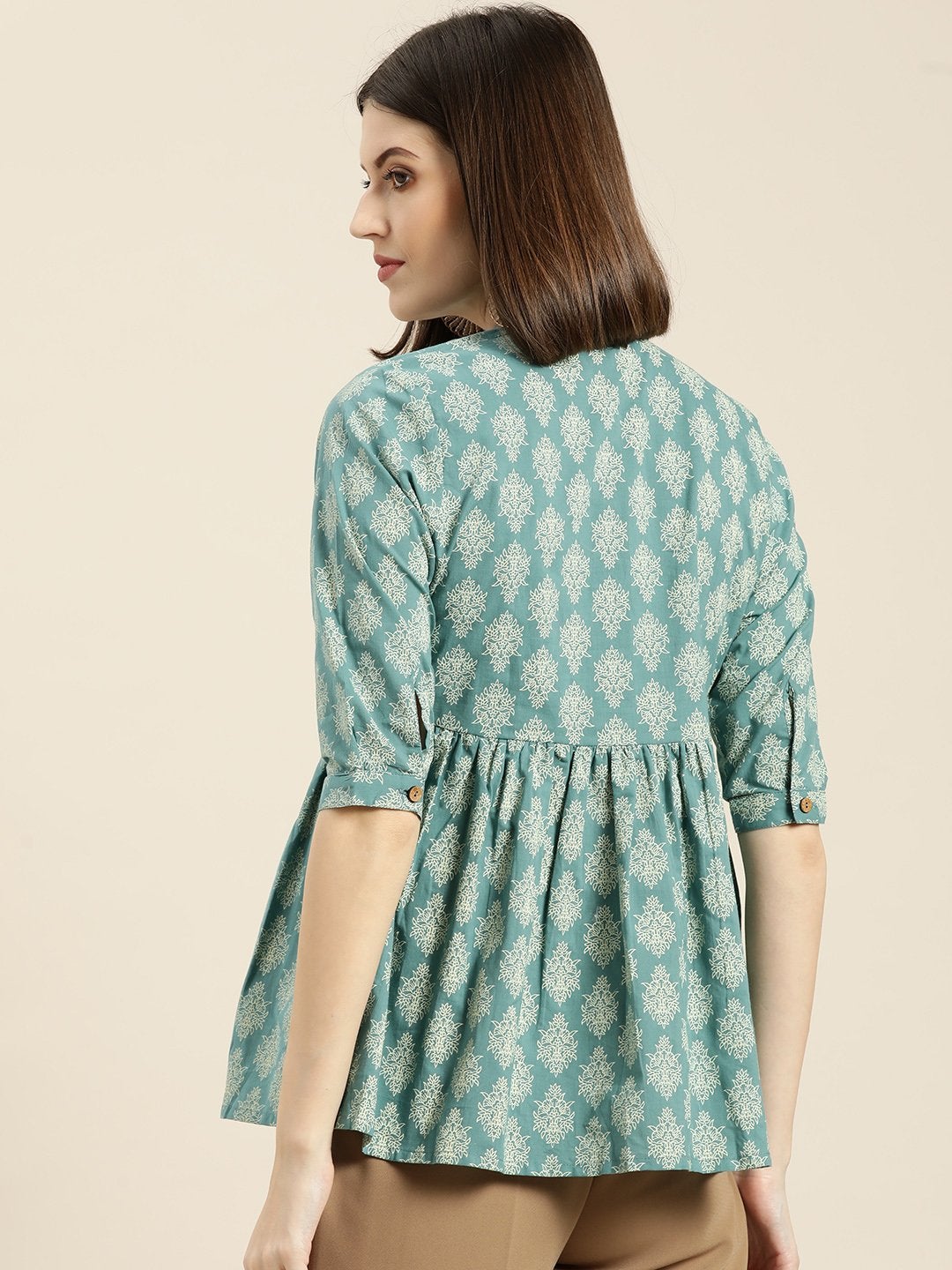 Women's Teal Printed Front Button Gathered Top - SASSAFRAS