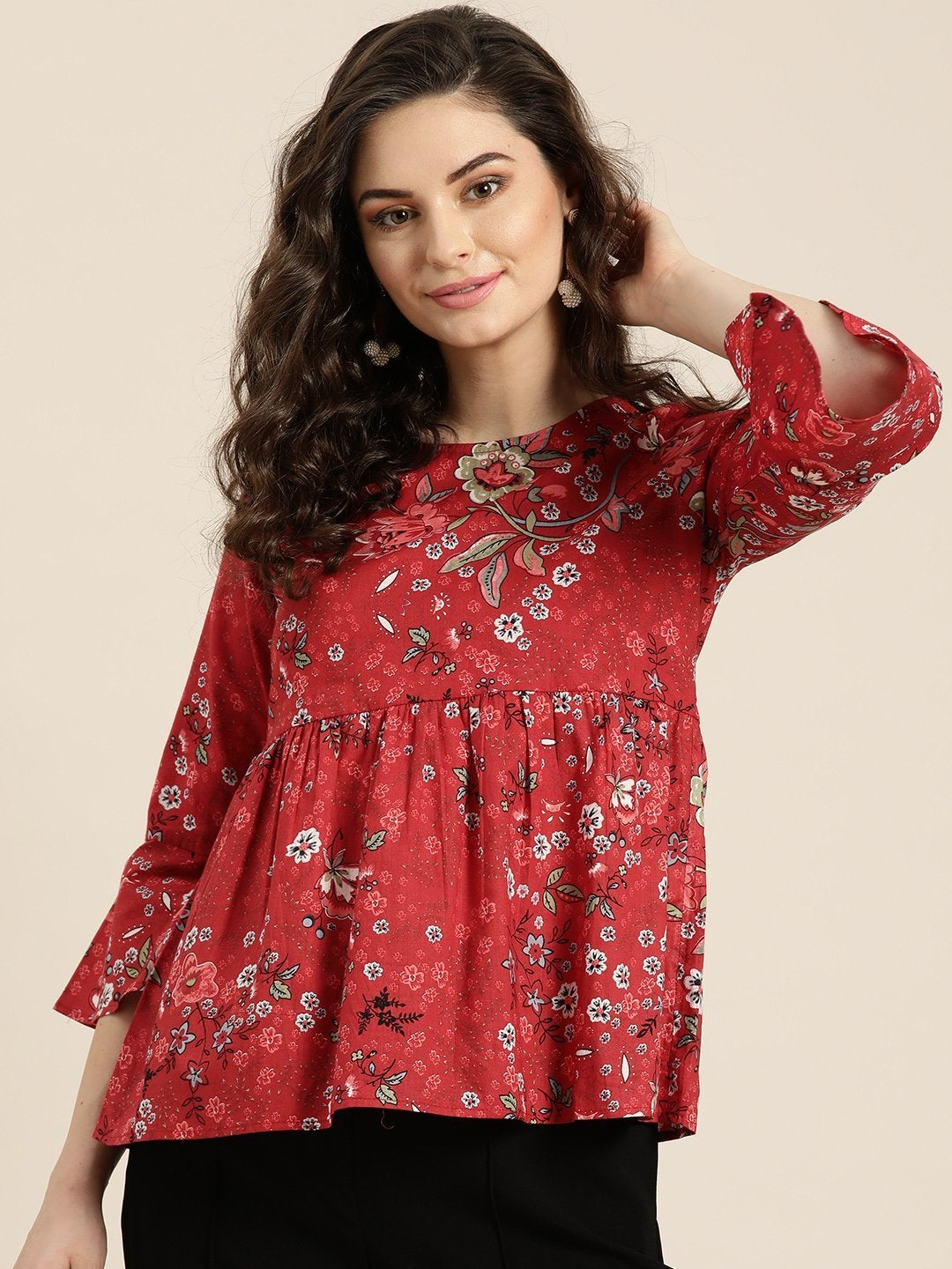 Women's Red Floral Gathered Top - SASSAFRAS