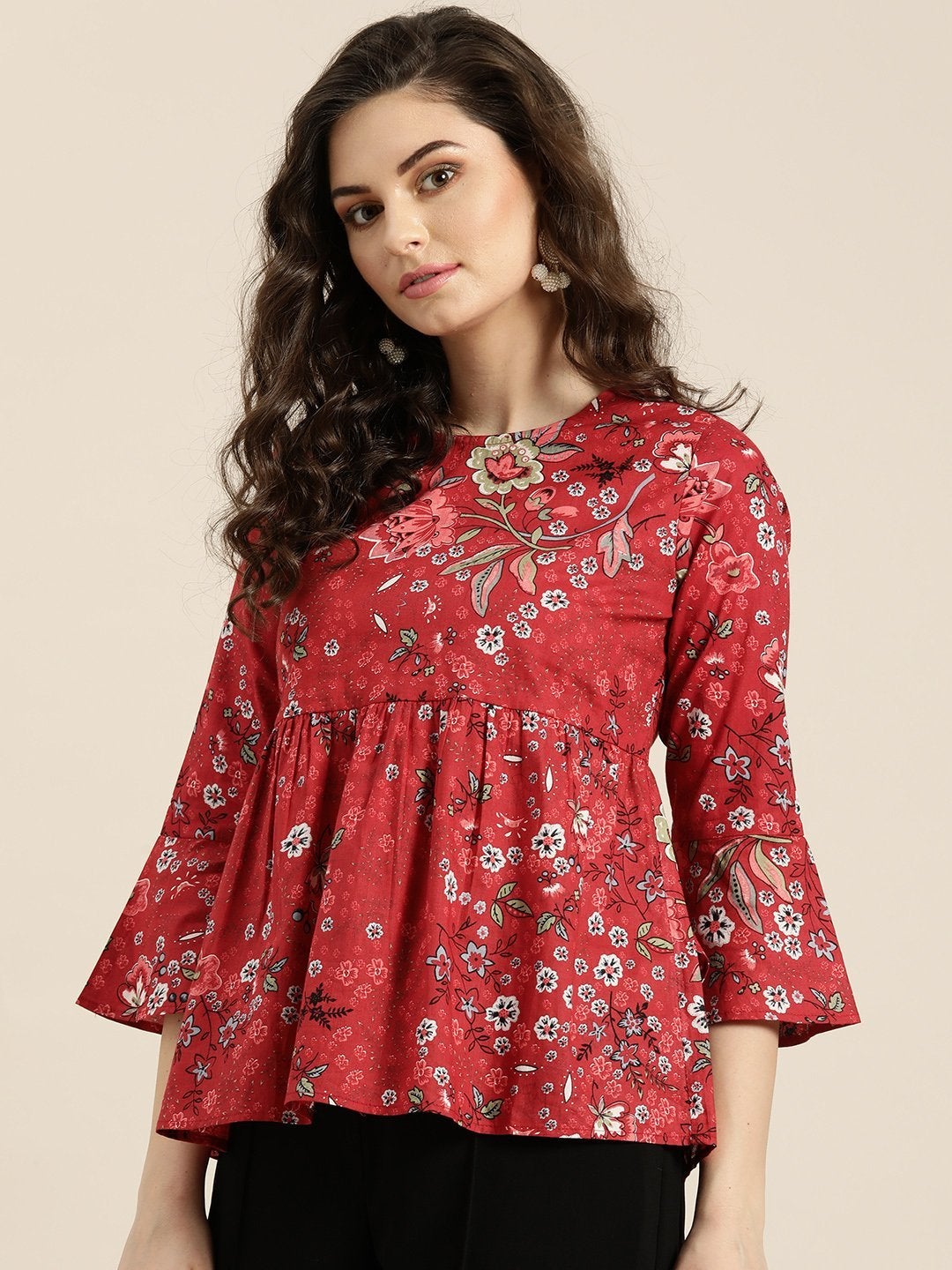 Women's Red Floral Gathered Top - SASSAFRAS