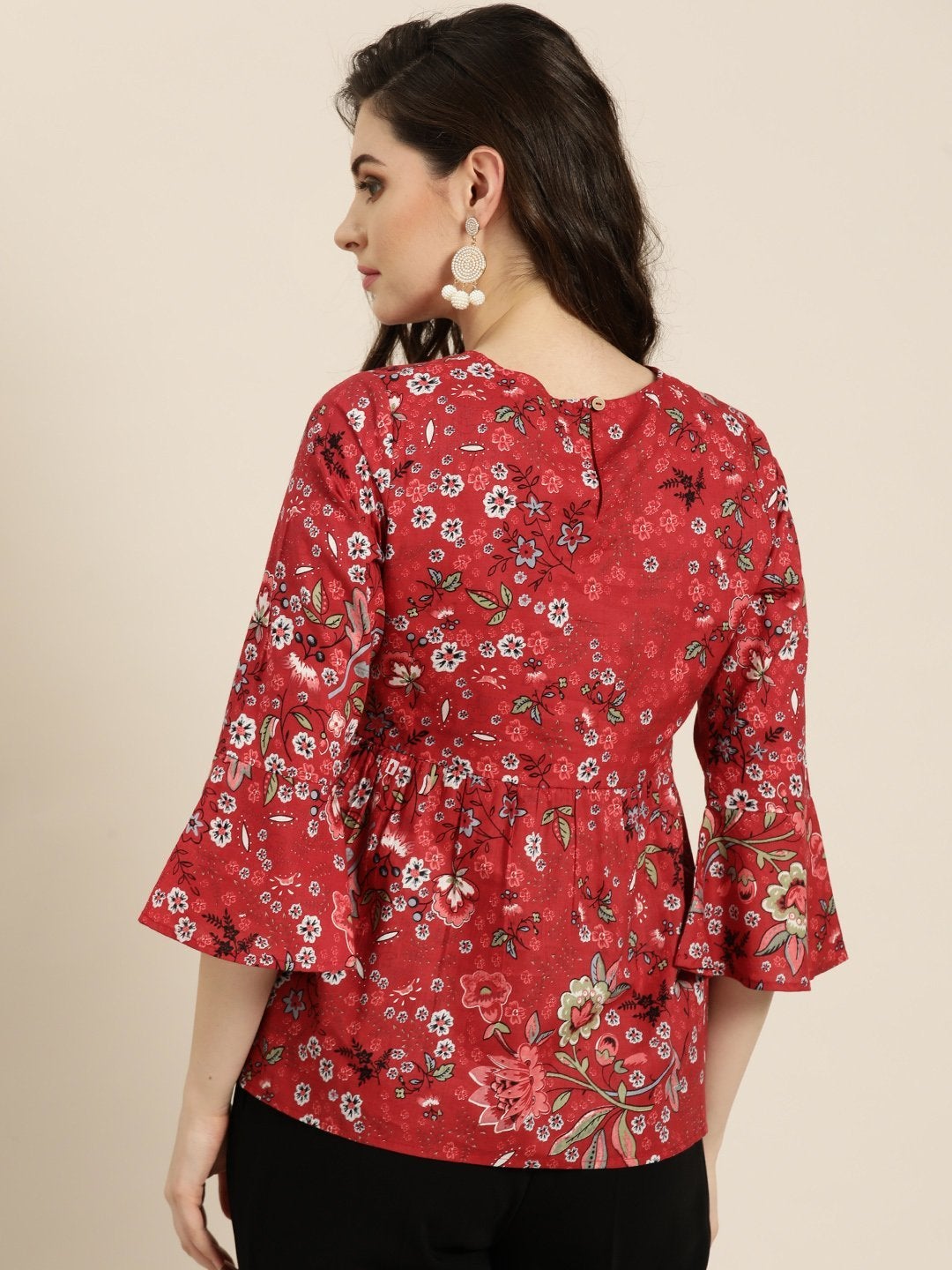 Women's Red Floral Gathered Top - SASSAFRAS