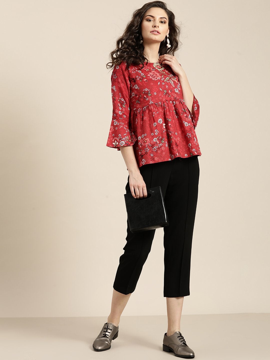 Women's Red Floral Gathered Top - SASSAFRAS