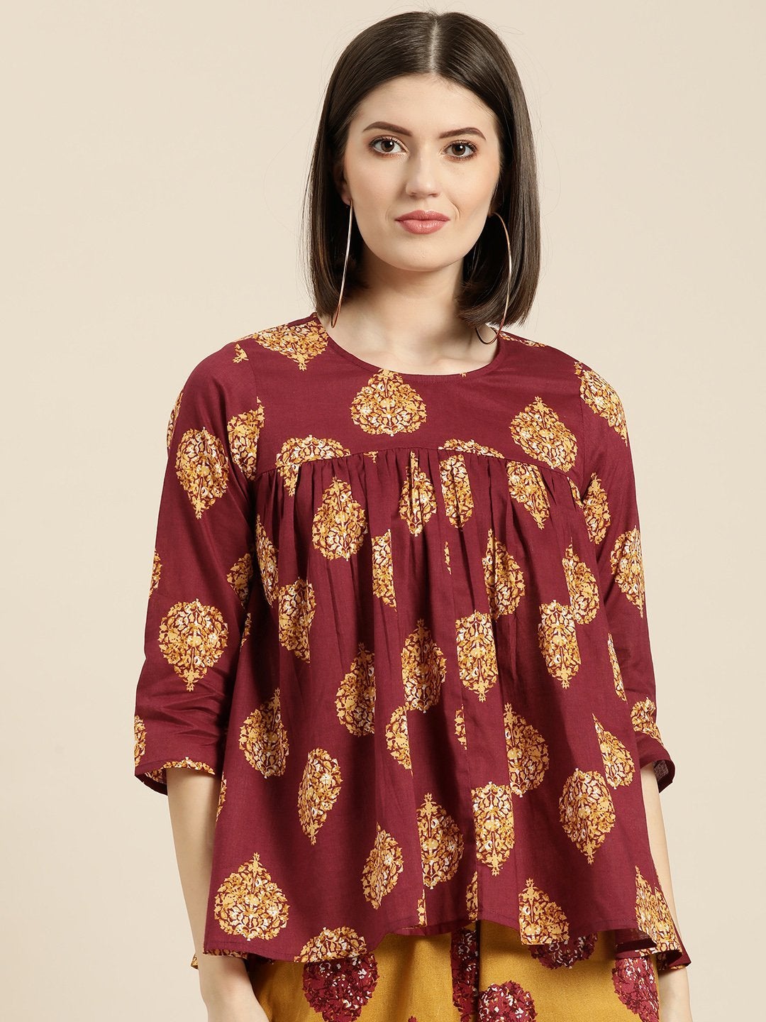 Women's Maroon Floral Booti Yoke Top - SASSAFRAS