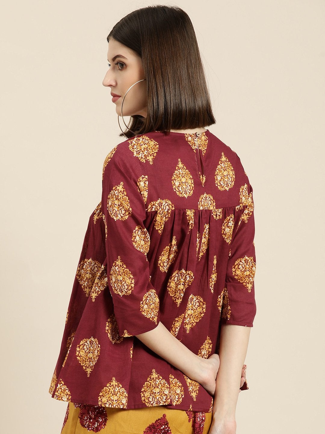 Women's Maroon Floral Booti Yoke Top - SASSAFRAS