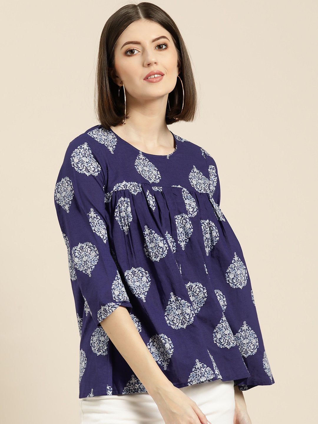 Women's Blue Floral Booti Yoke Top - SASSAFRAS