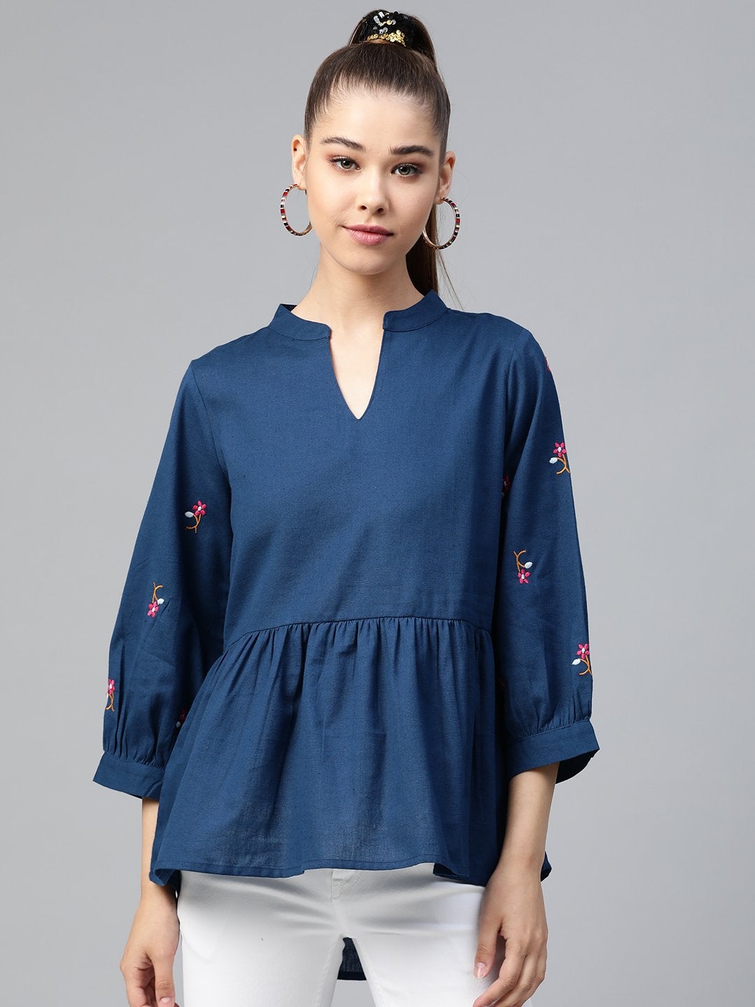 Women's Navy Embroidery Peplum Top - SASSAFRAS