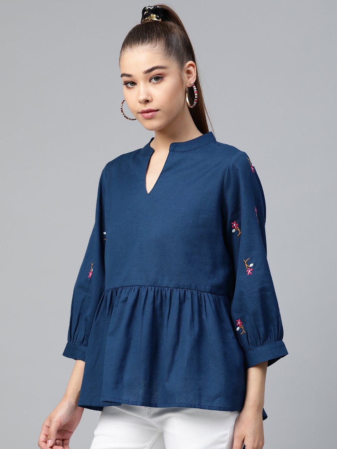 Women's Navy Embroidery Peplum Top - SASSAFRAS