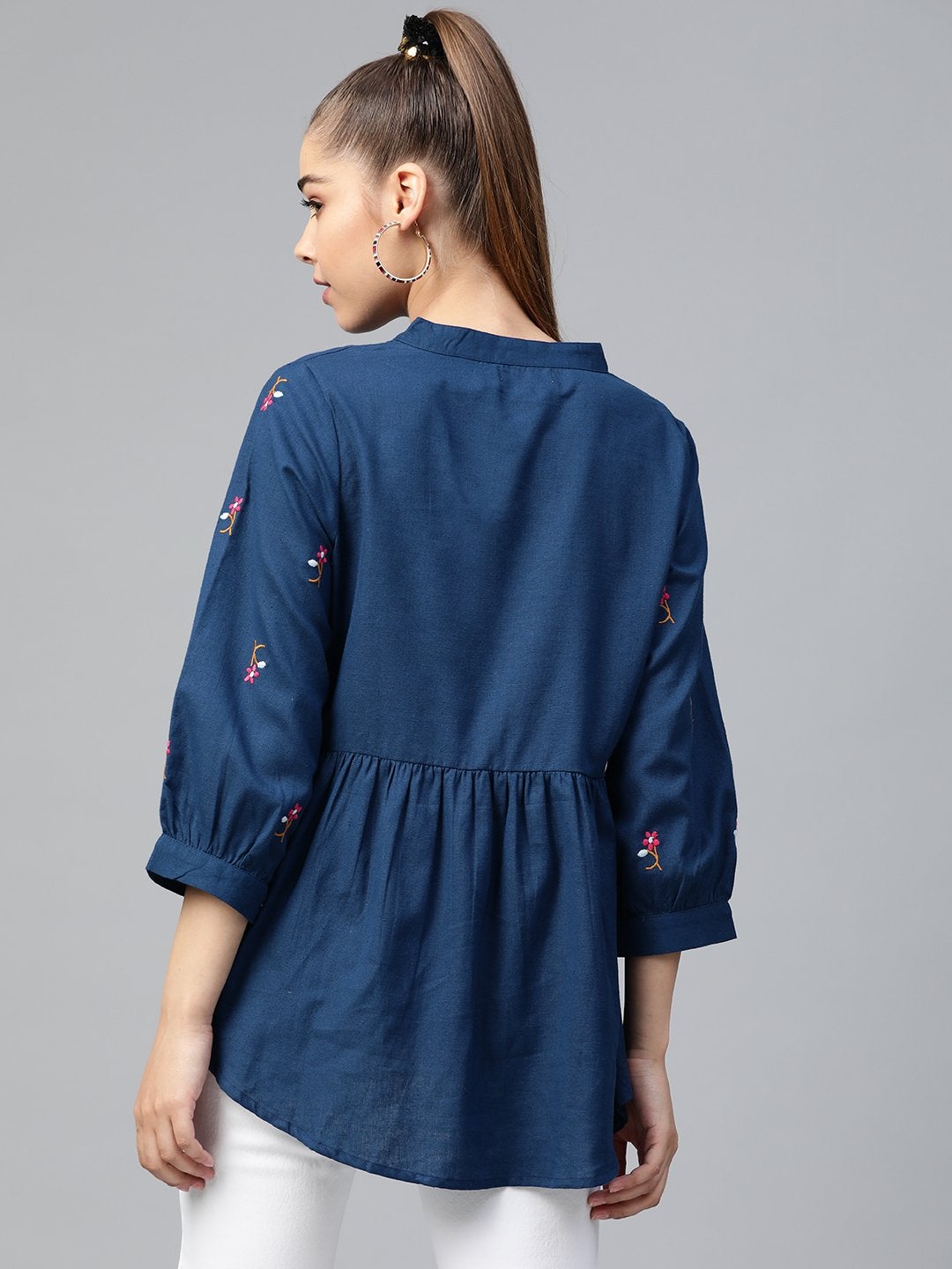 Women's Navy Embroidery Peplum Top - SASSAFRAS