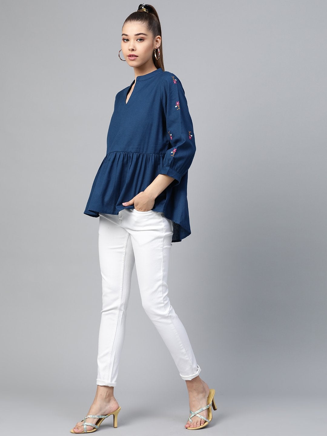 Women's Navy Embroidery Peplum Top - SASSAFRAS