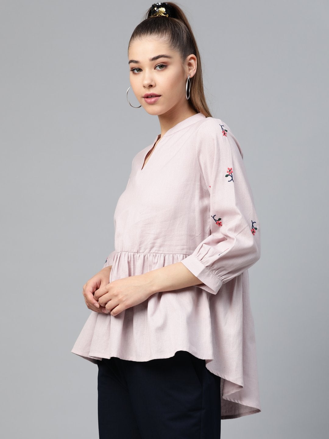 Women's Taupe Embroidery Peplum Top - SASSAFRAS