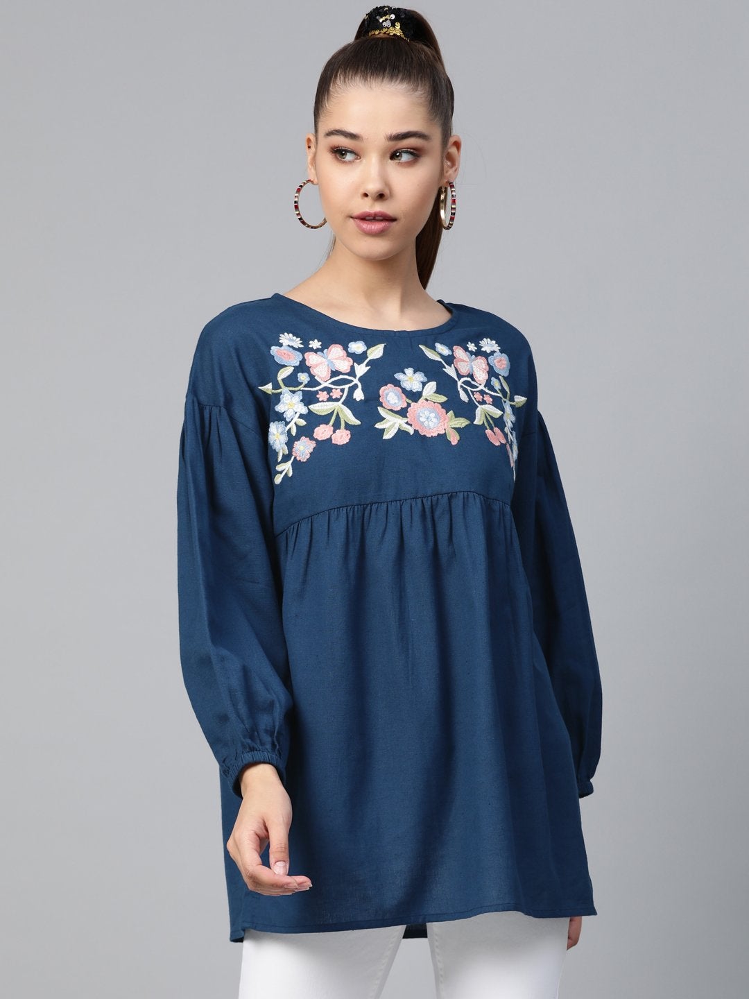 Women's Navy Yoke Embroidery Top - SASSAFRAS