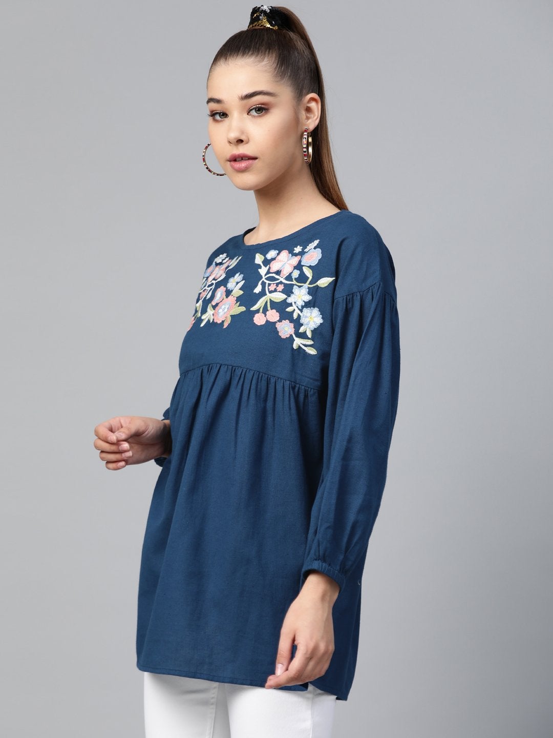 Women's Navy Yoke Embroidery Top - SASSAFRAS