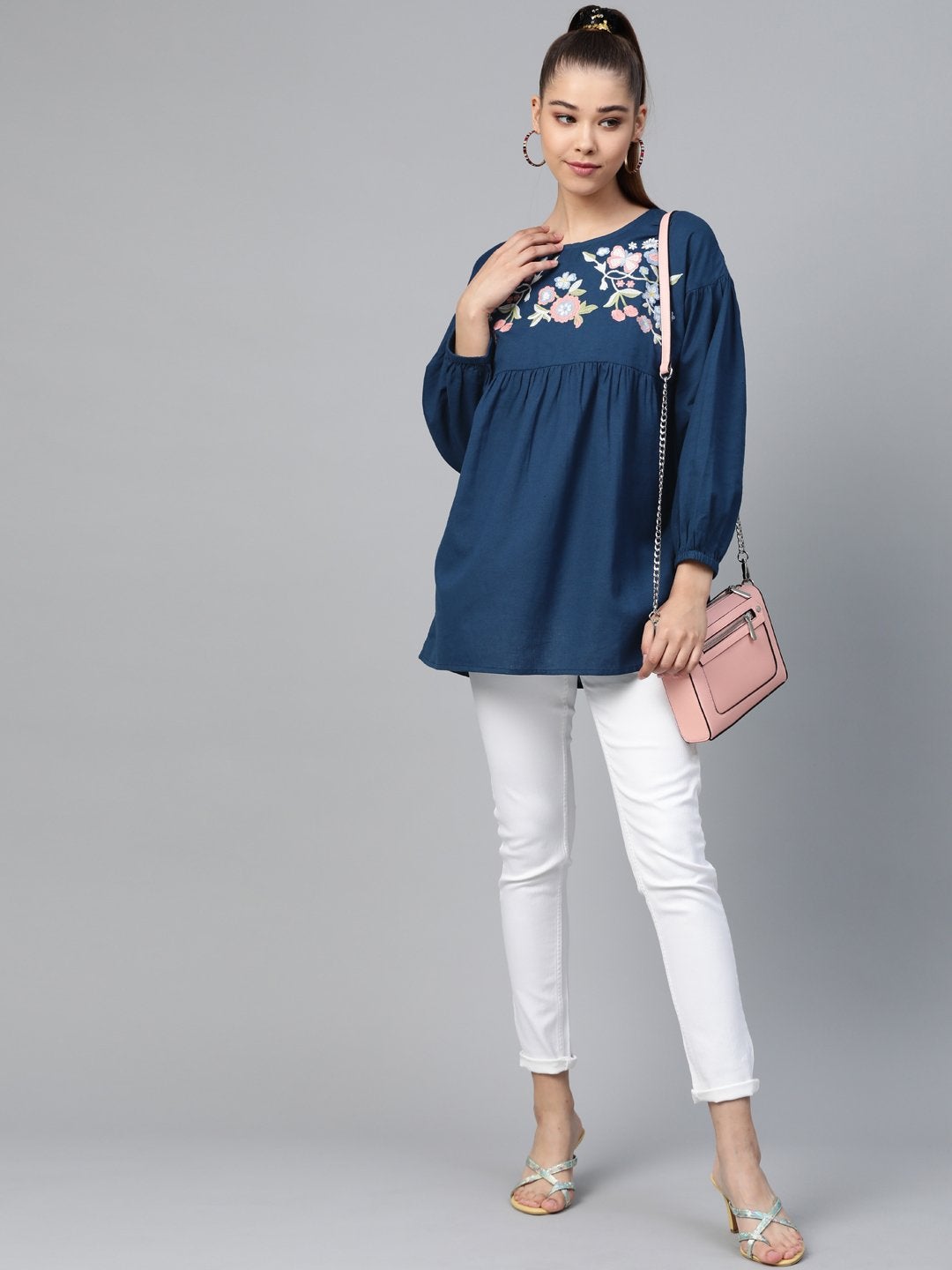 Women's Navy Yoke Embroidery Top - SASSAFRAS