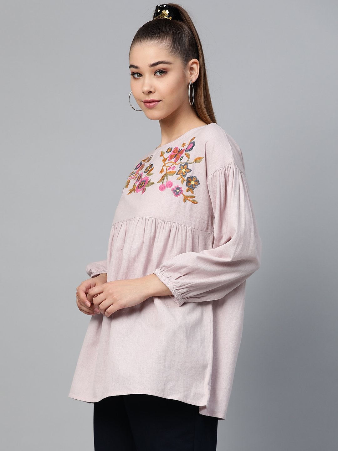 Women's Taupe Yoke Embroidery Top - SASSAFRAS