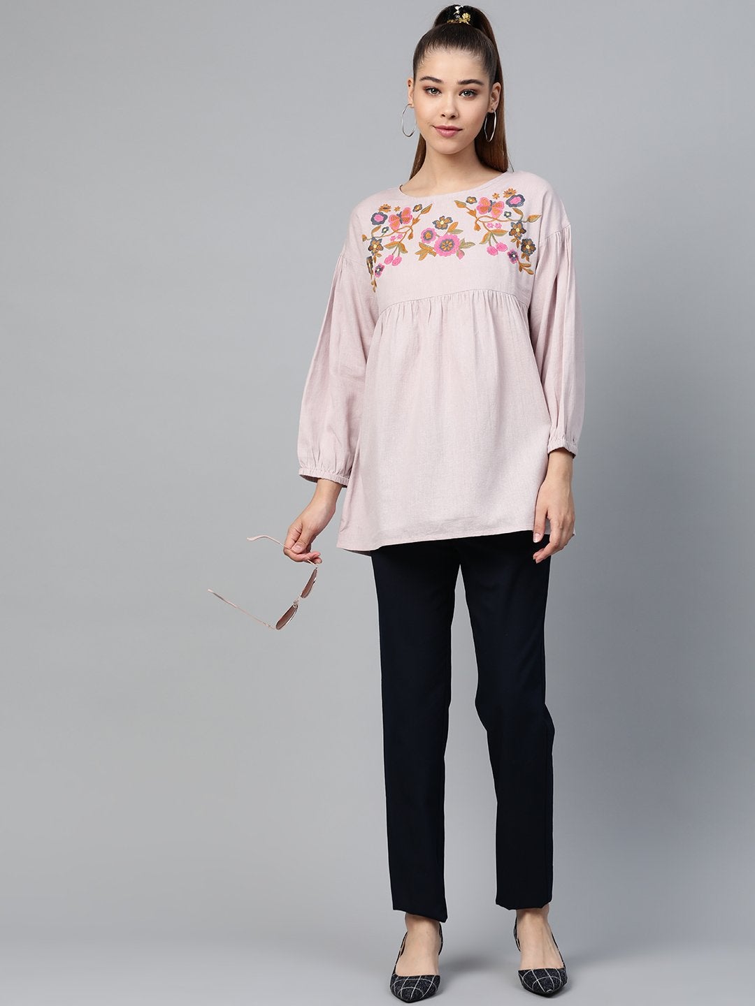 Women's Taupe Yoke Embroidery Top - SASSAFRAS