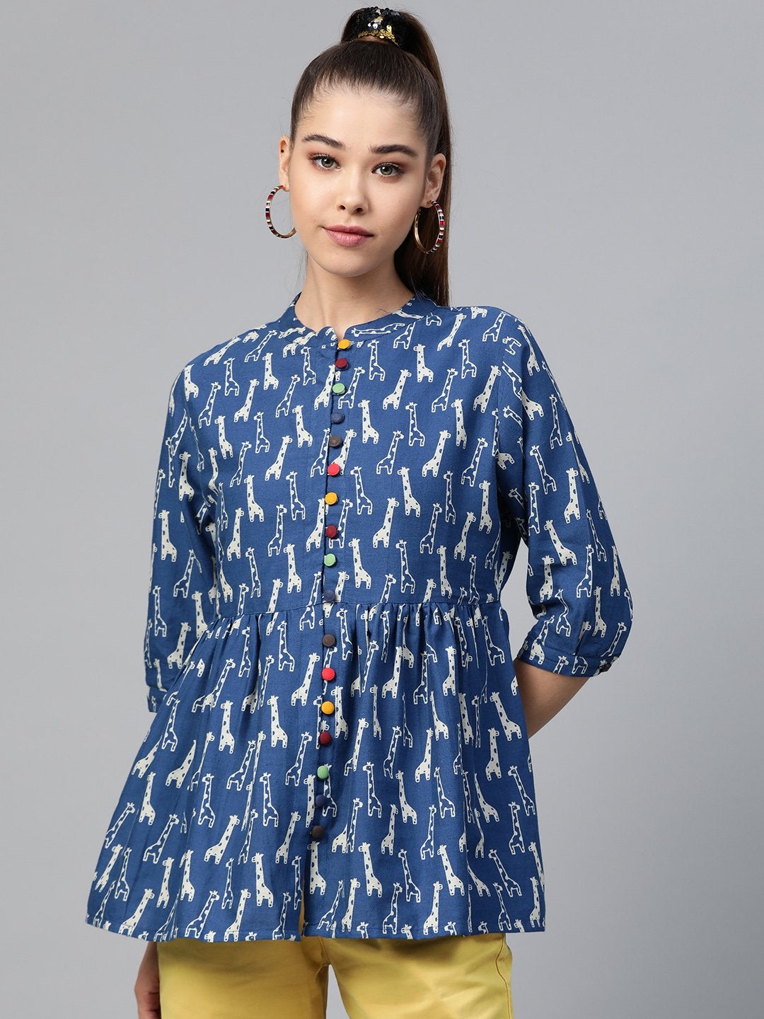 Women's Blue Giraffe Print Gathered Top - SASSAFRAS