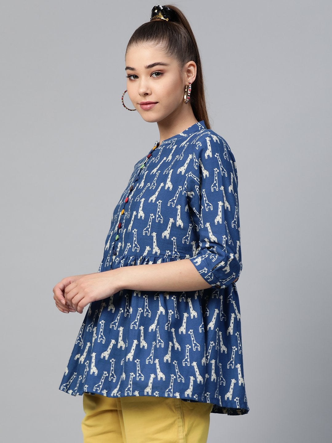 Women's Blue Giraffe Print Gathered Top - SASSAFRAS