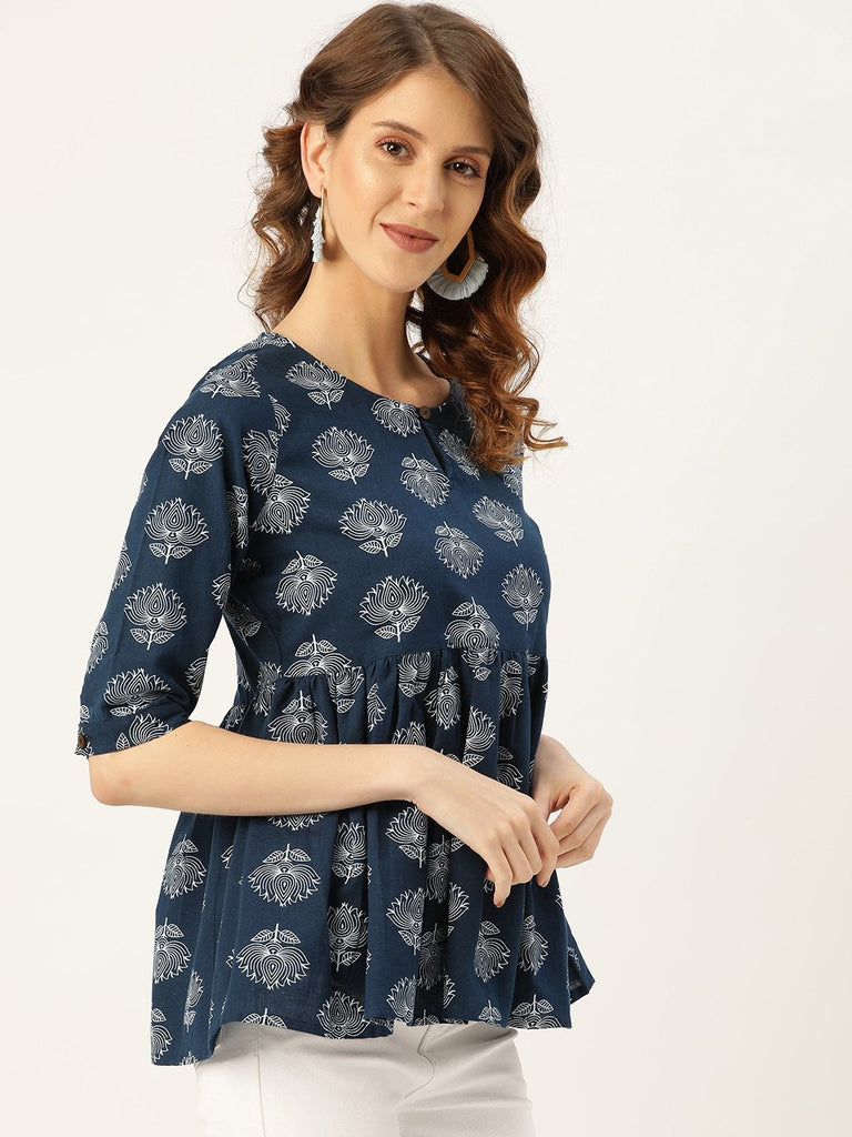 Women's Navy Lotus Print Peplum Top