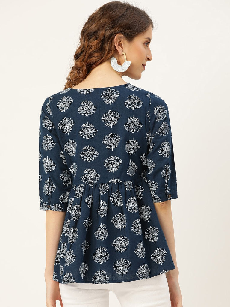 Women's Navy Lotus Print Peplum Top
