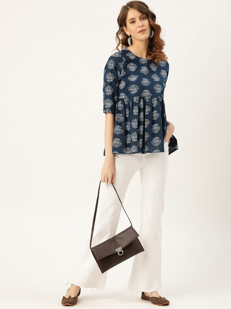 Women's Navy Lotus Print Peplum Top