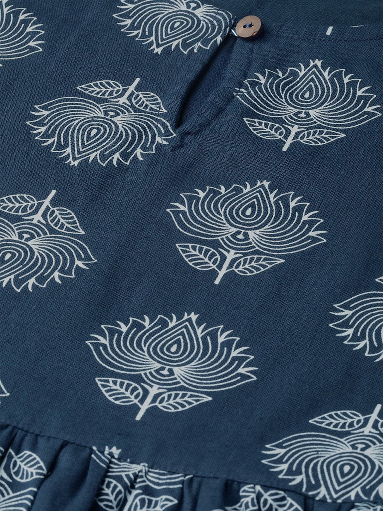 Women's Navy Lotus Print Peplum Top