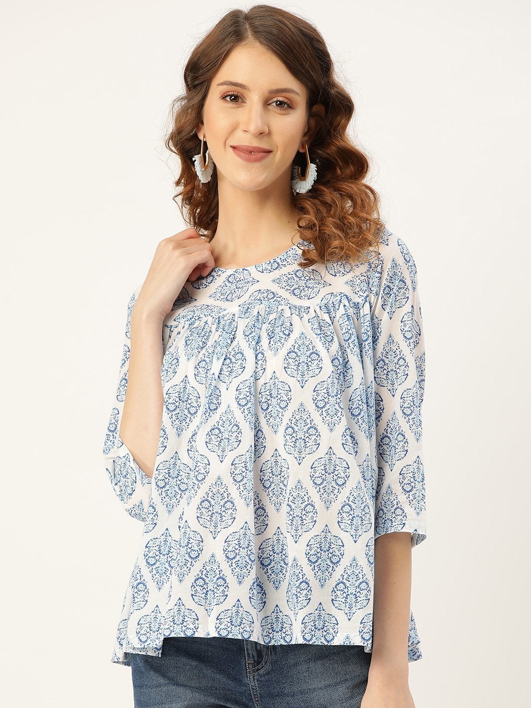 Women's Blue Motif Floral Yoke Top - SASSAFRAS