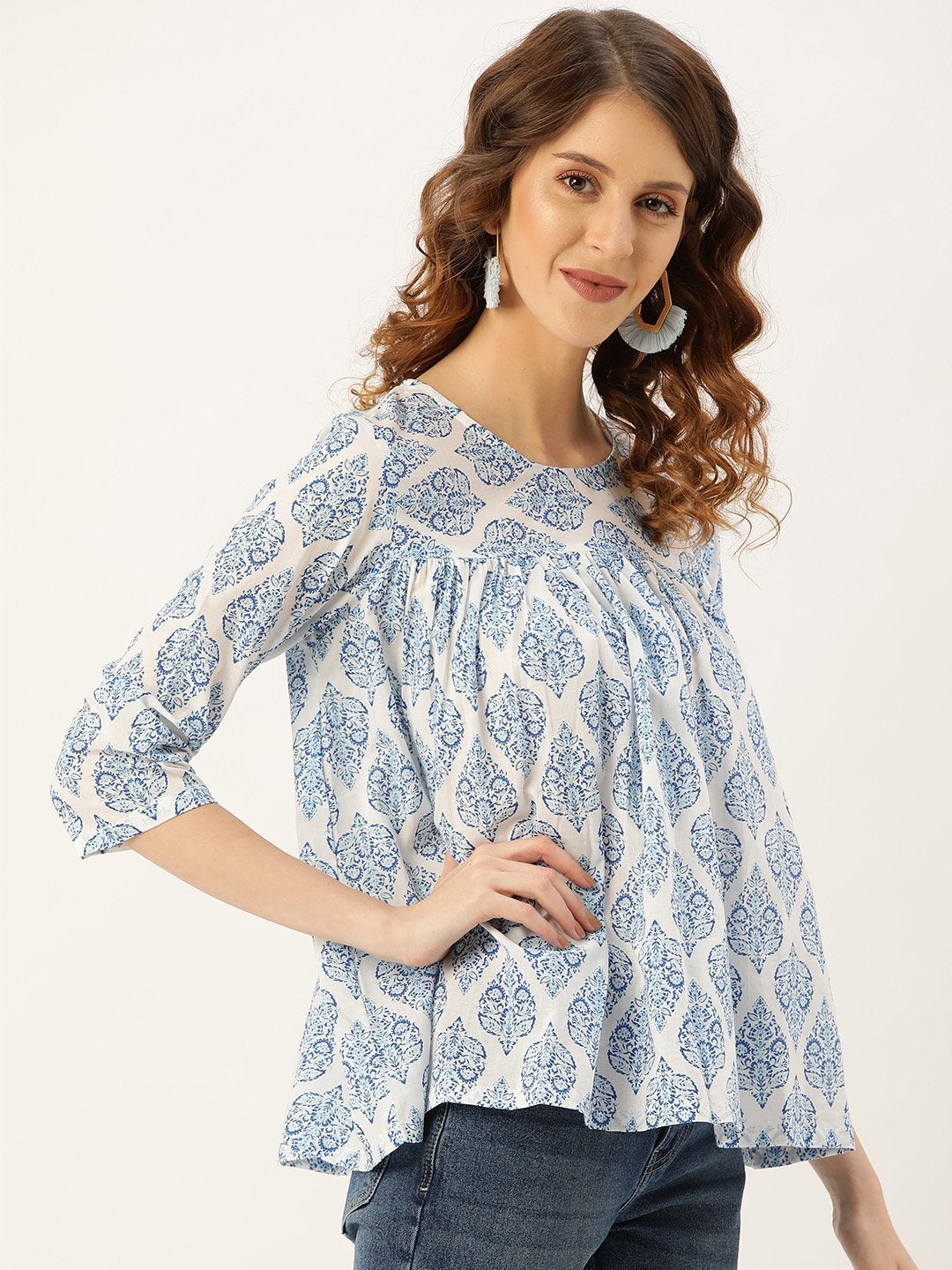 Women's Blue Motif Floral Yoke Top - SASSAFRAS