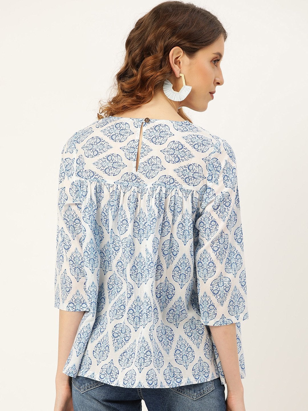 Women's Blue Motif Floral Yoke Top - SASSAFRAS