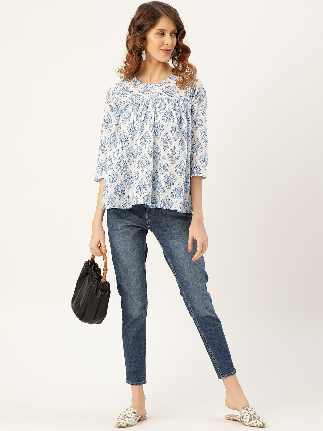 Women's Blue Motif Floral Yoke Top - SASSAFRAS