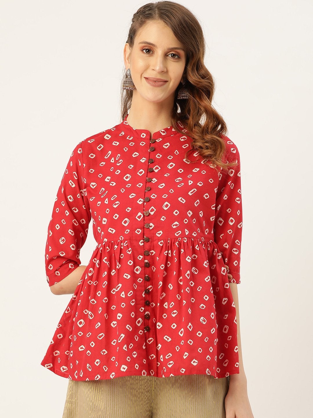 Women's Red Bandhej Front Button Gathered Top - SASSAFRAS