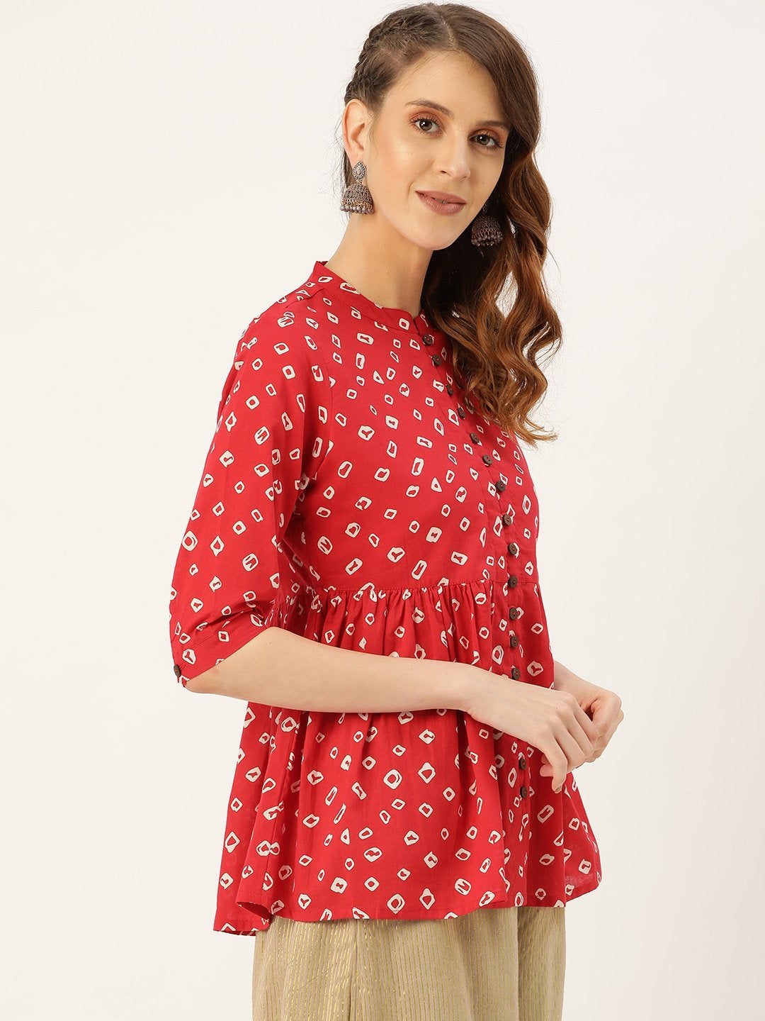 Women's Red Bandhej Front Button Gathered Top - SASSAFRAS