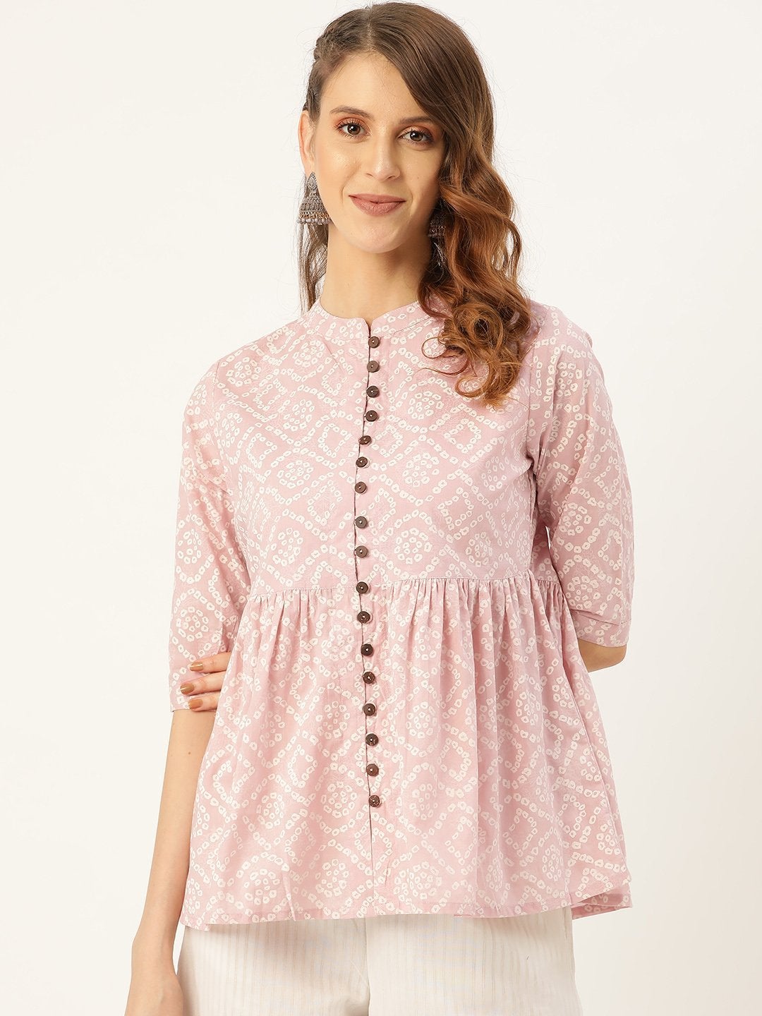 Women's Mauve Bandhej Front Button Gathered Top - SASSAFRAS