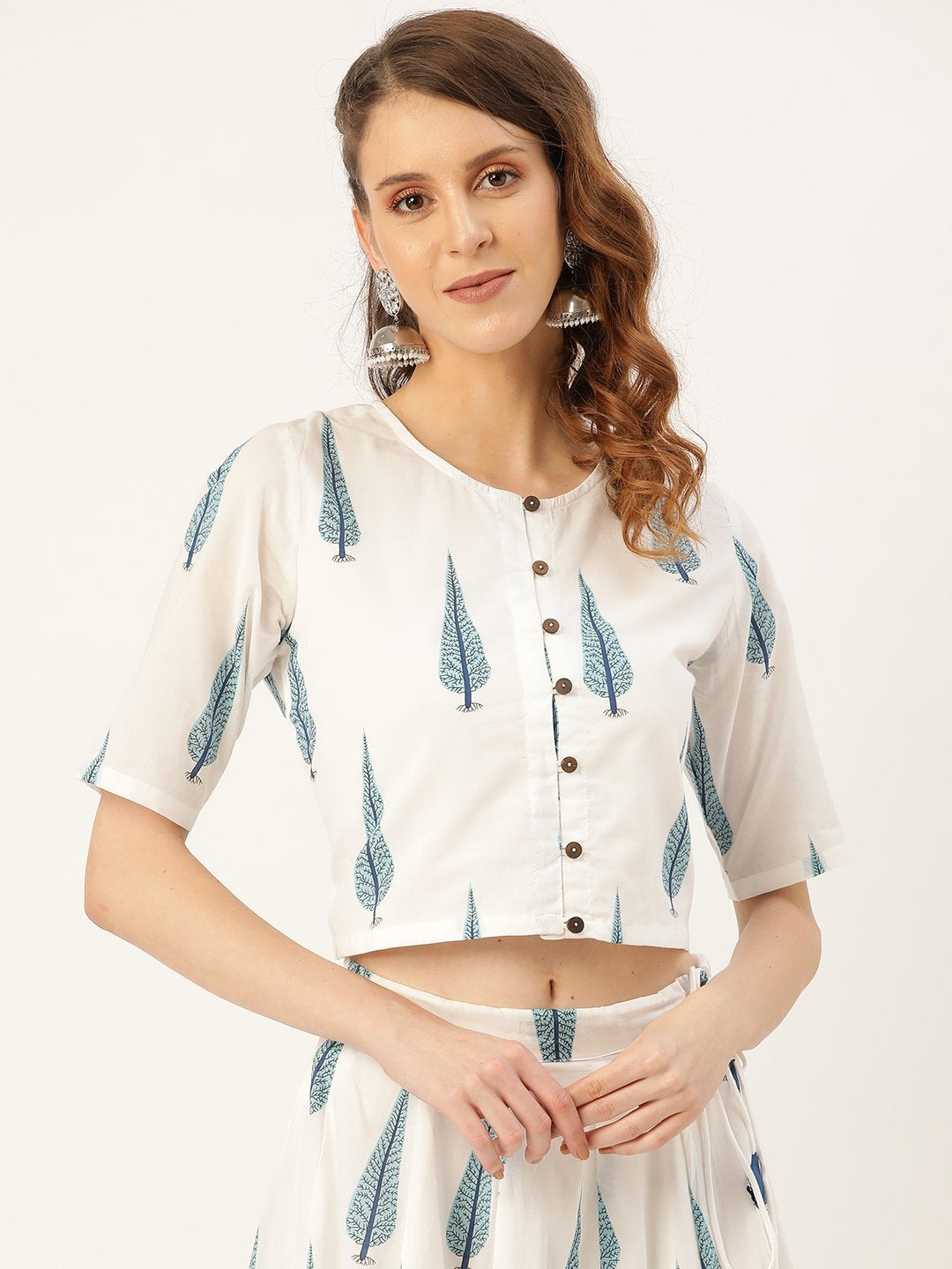 Women's Blue Leaf Print Front Button Crop Top - SASSAFRAS