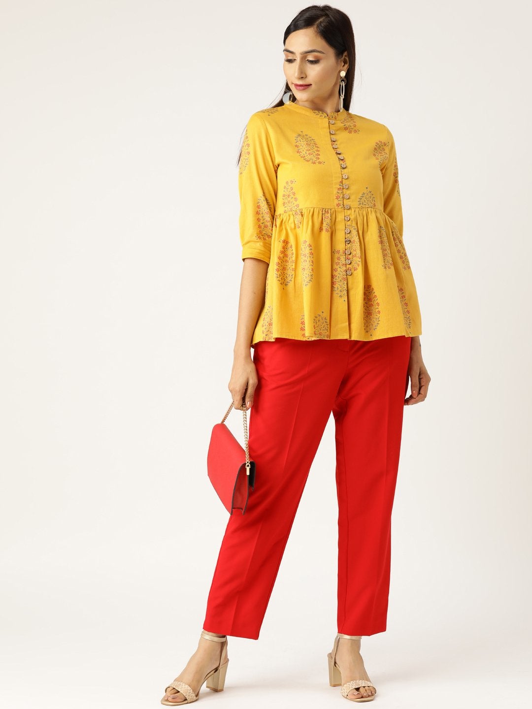 Women's Mustard Floral Front Button Gathered Top - SASSAFRAS