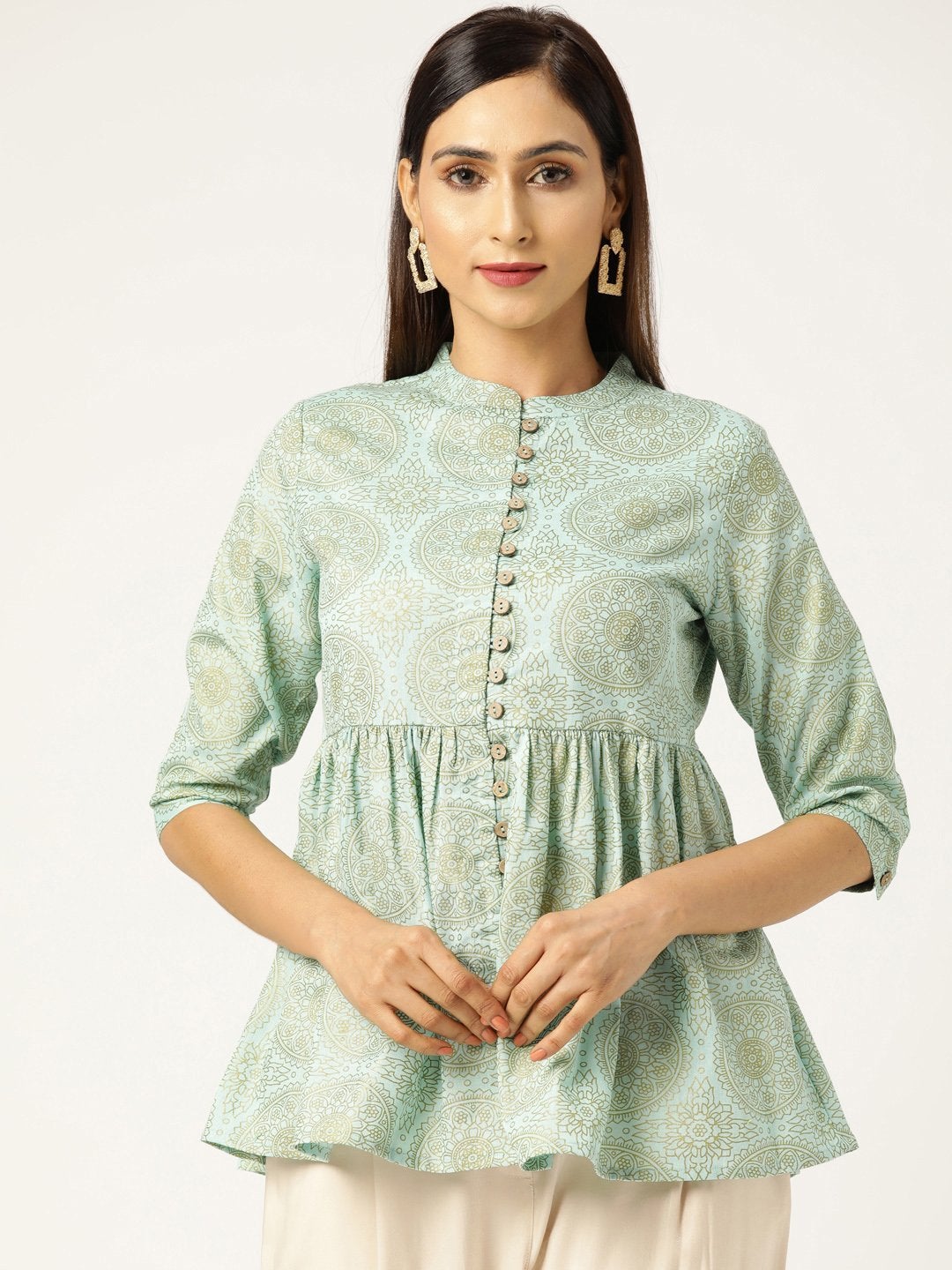 Women's Sea Green Foil Print Front Button Gathered Top - SASSAFRAS