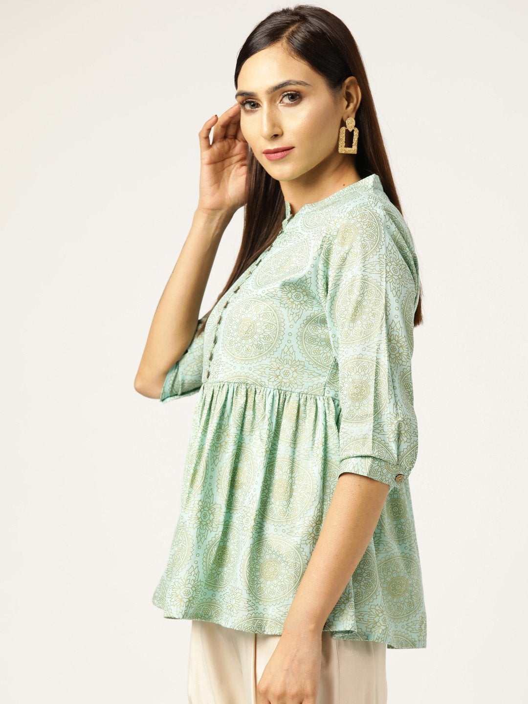 Women's Sea Green Foil Print Front Button Gathered Top - SASSAFRAS