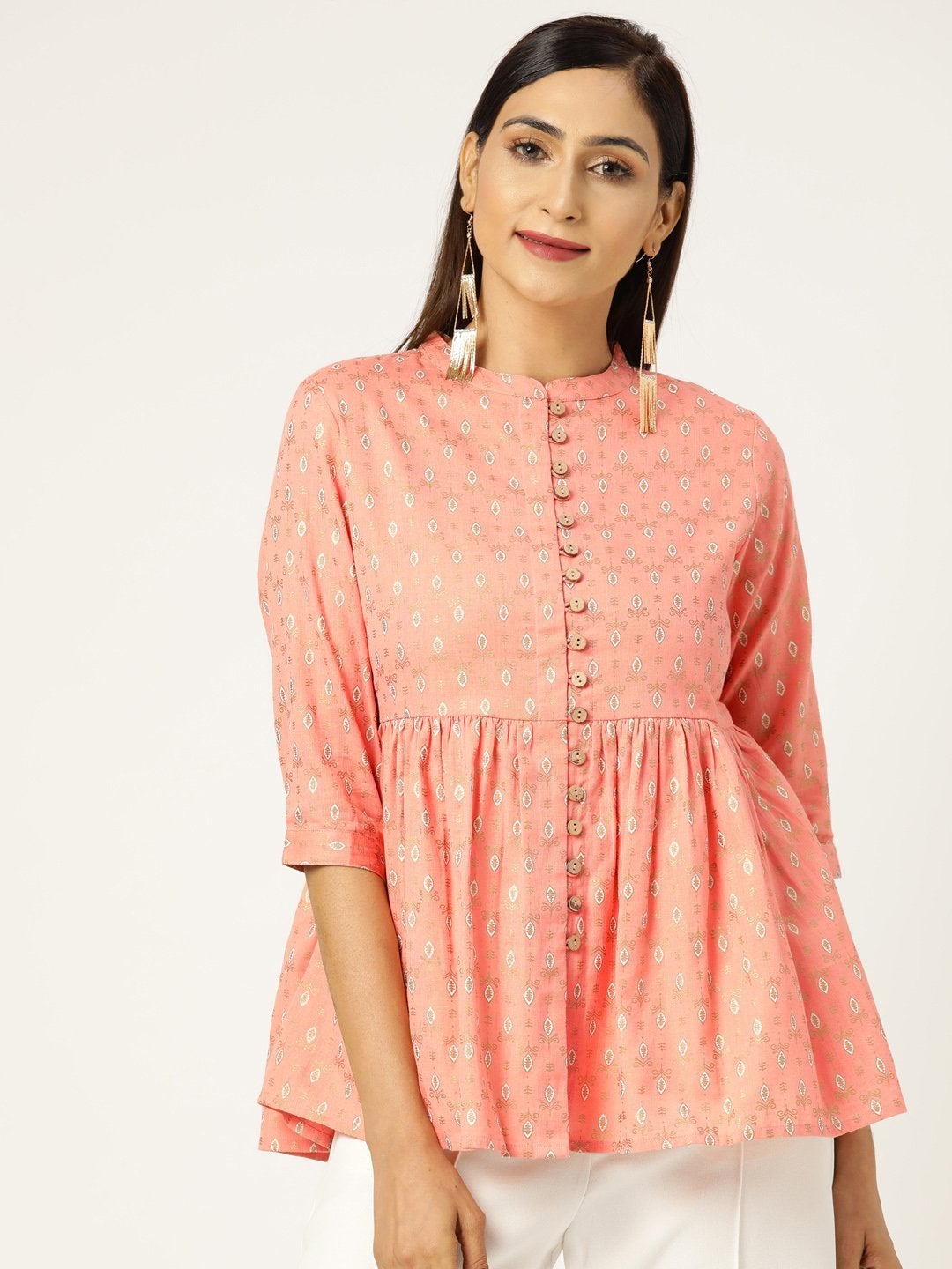 Women's Peach Foil Print Front Button Gathered Top - SASSAFRAS