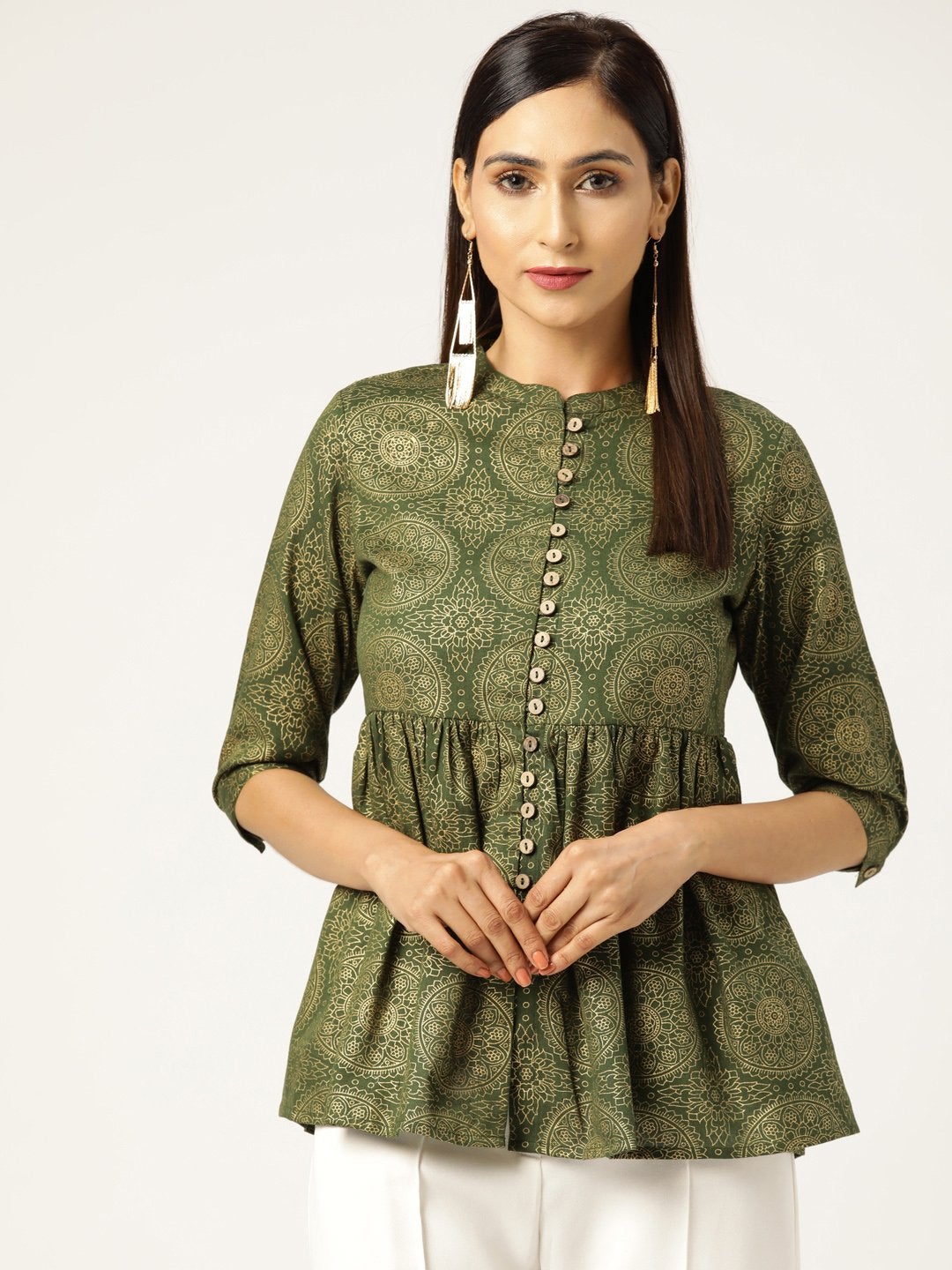 Women's Dark Green Foil Print Front Button Gathered Top - SASSAFRAS