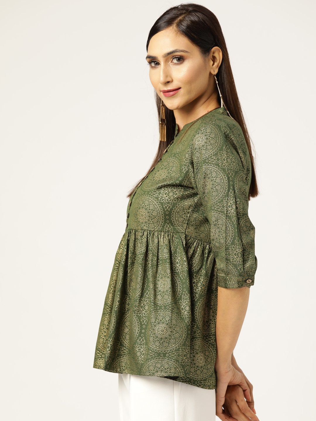 Women's Dark Green Foil Print Front Button Gathered Top - SASSAFRAS