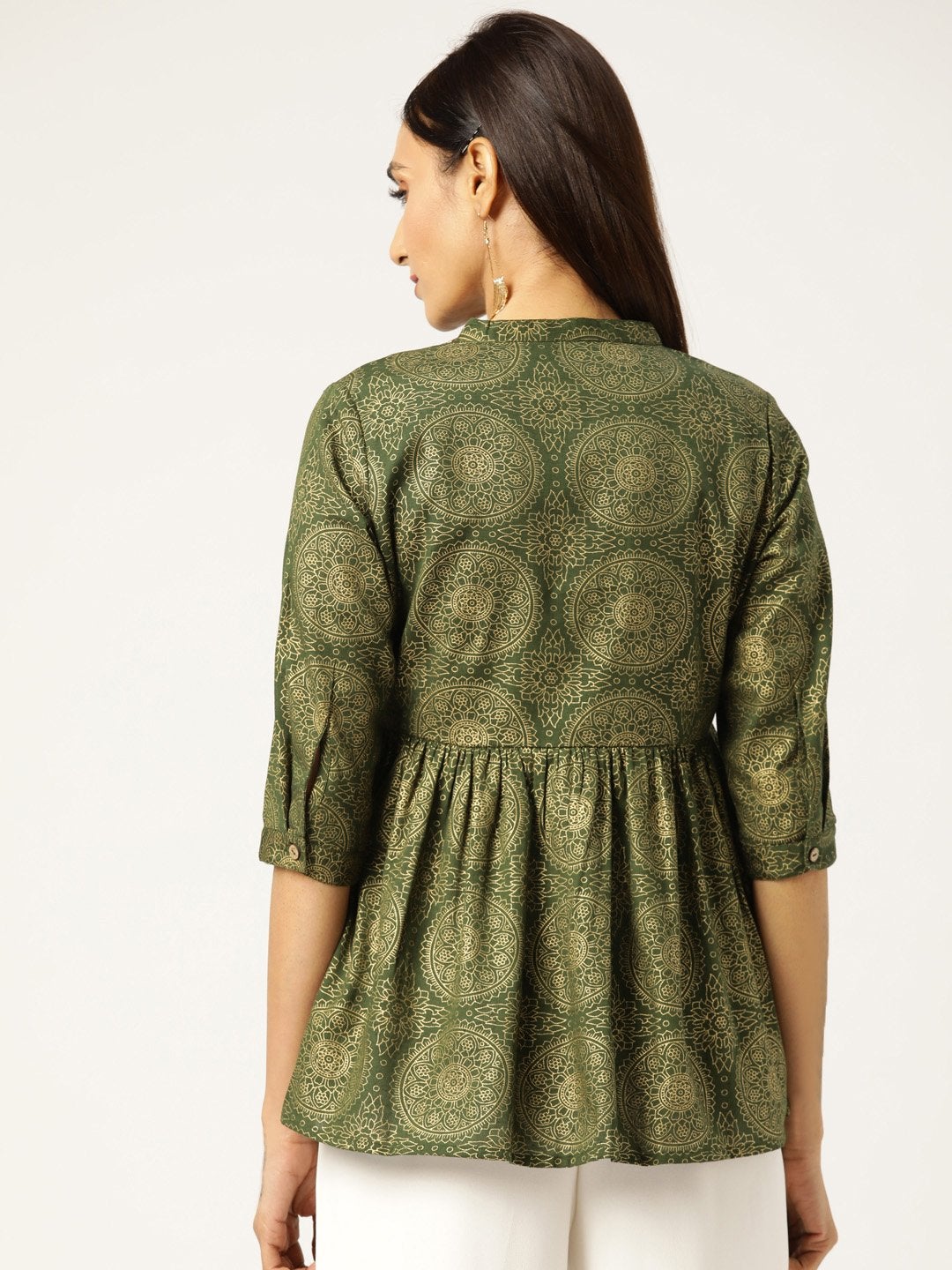 Women's Dark Green Foil Print Front Button Gathered Top - SASSAFRAS