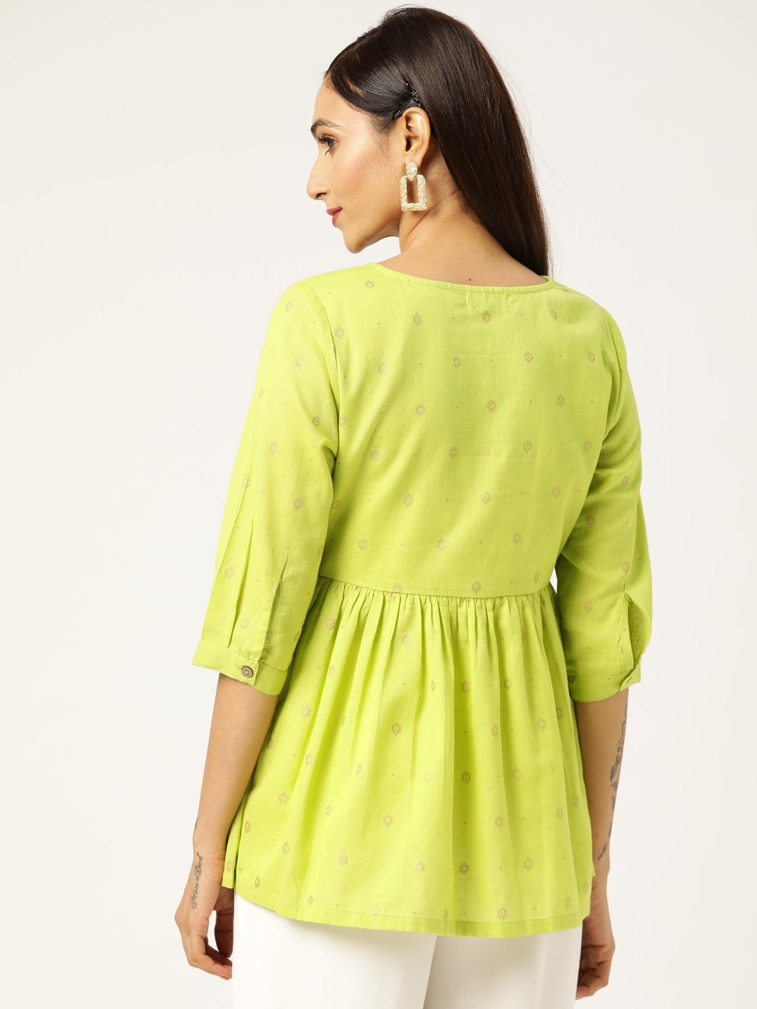 Women's Lime Green Foil Print Peplum Top - SASSAFRAS