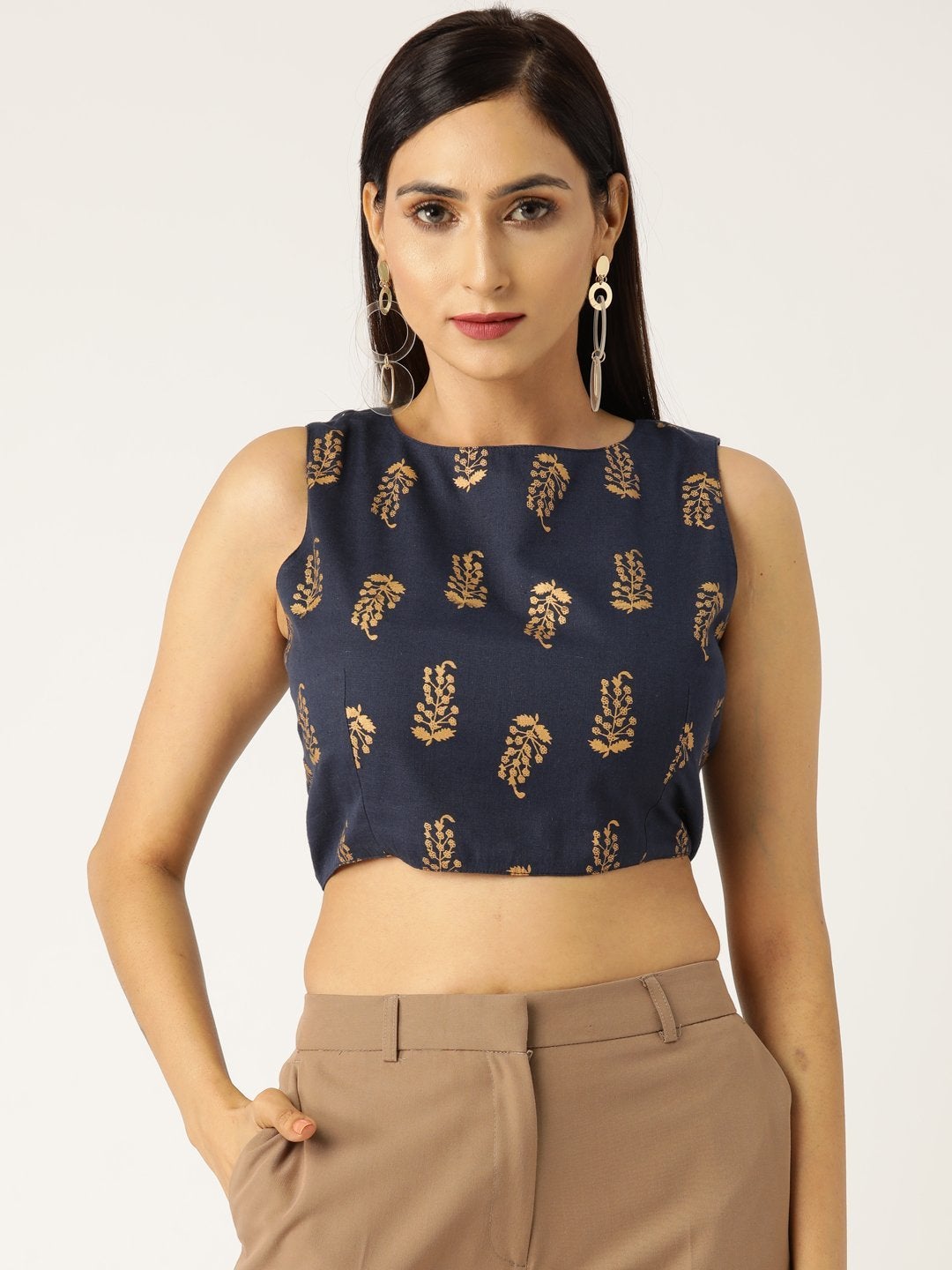 Women's Navy Foil Paisley Sleeveless Crop Top - SASSAFRAS