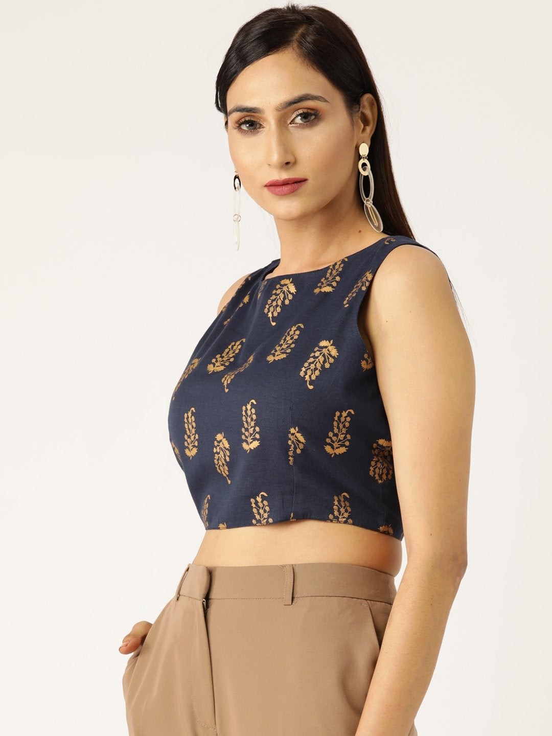 Women's Navy Foil Paisley Sleeveless Crop Top - SASSAFRAS