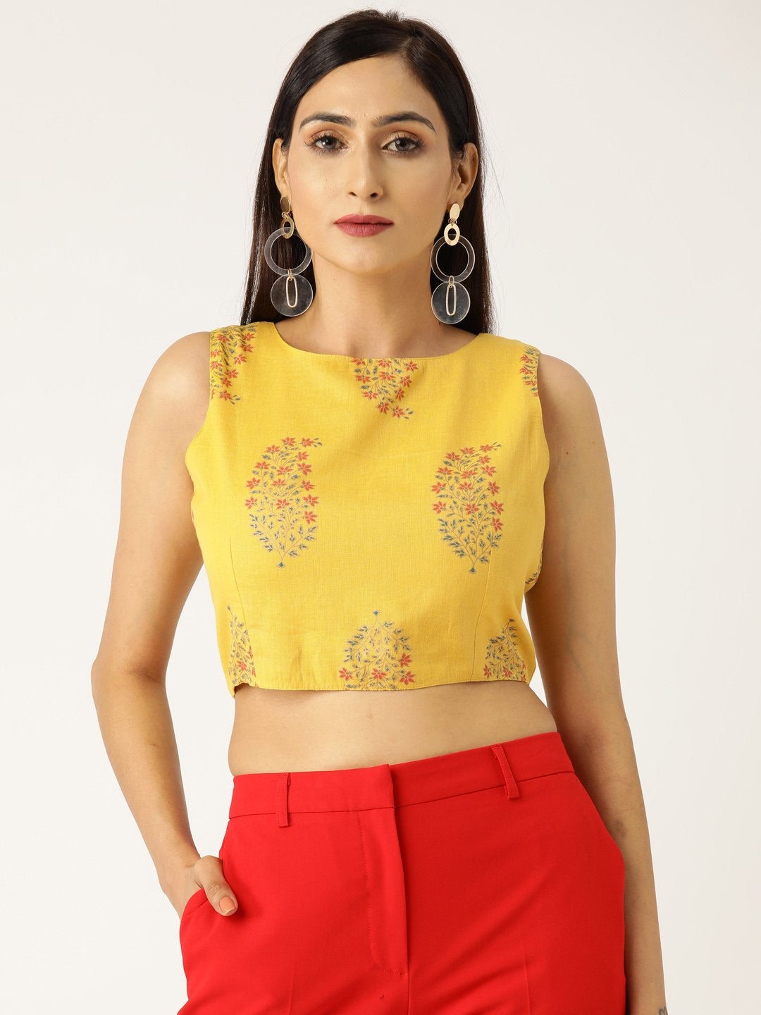 Women's Mustard Floral Foil Sleeveless Crop Top - SASSAFRAS