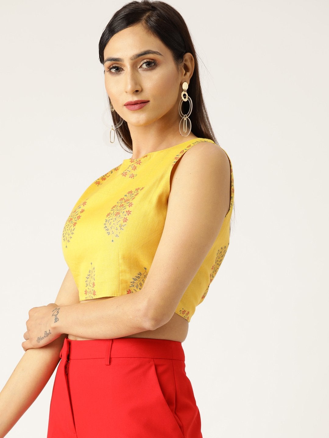 Women's Mustard Floral Foil Sleeveless Crop Top - SASSAFRAS