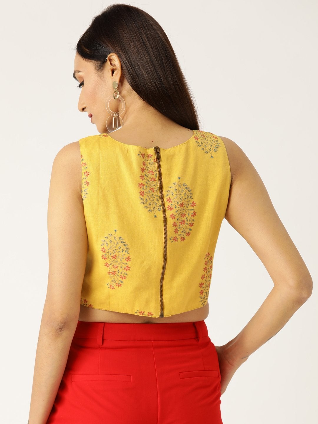 Women's Mustard Floral Foil Sleeveless Crop Top - SASSAFRAS