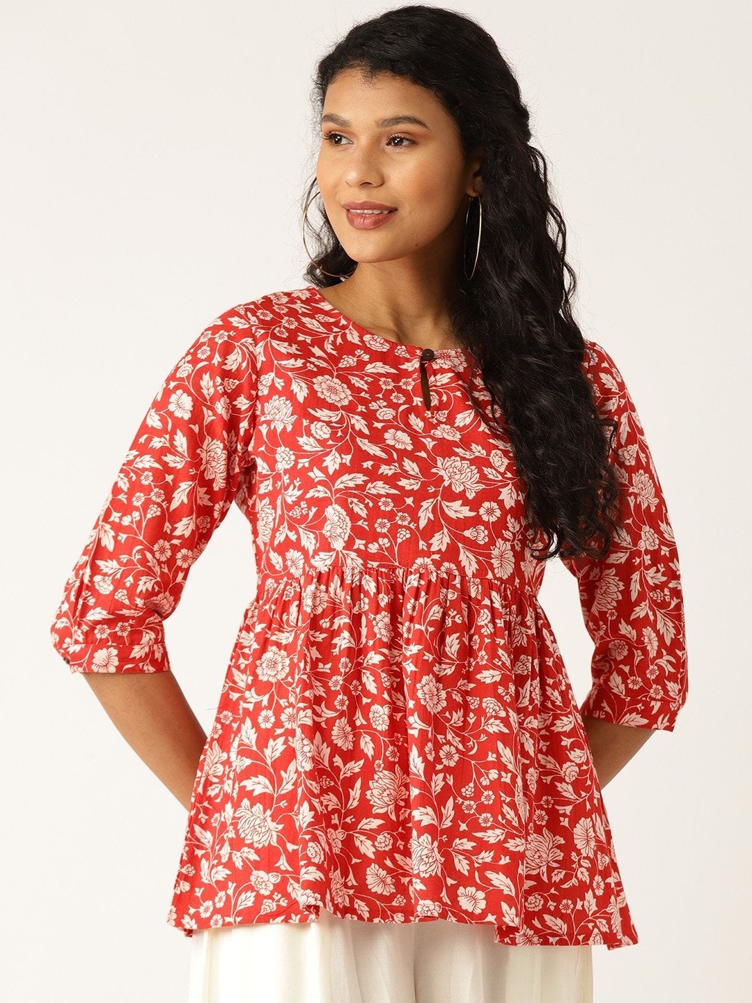 Women's Red Floral Front Keyhole Peplum Top - SASSAFRAS